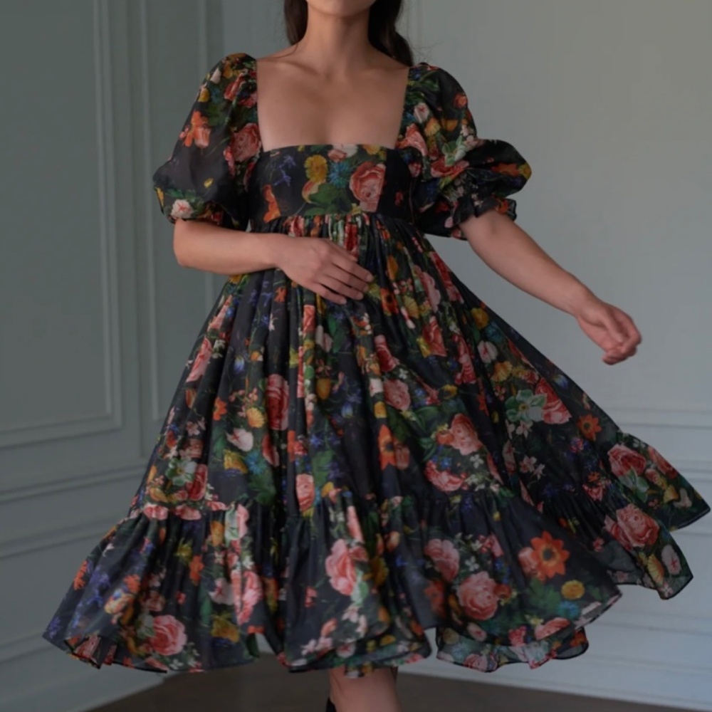 Selkie Black Floral Puff-Sleeve Midi Dress